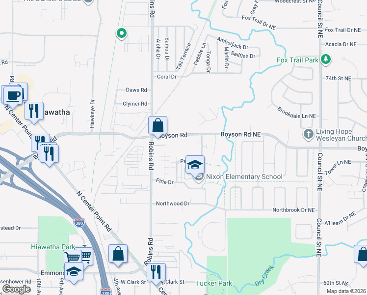 map of restaurants, bars, coffee shops, grocery stores, and more near 840 Terry Avenue in Hiawatha