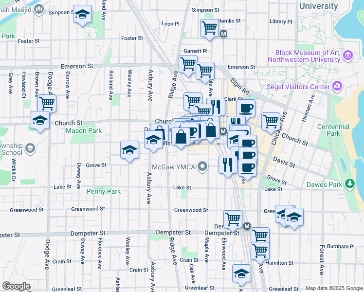 map of restaurants, bars, coffee shops, grocery stores, and more near 1108 Davis Street in Evanston