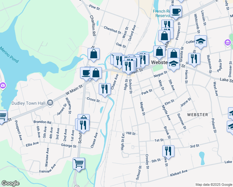 map of restaurants, bars, coffee shops, grocery stores, and more near 155 Chase Avenue in Webster