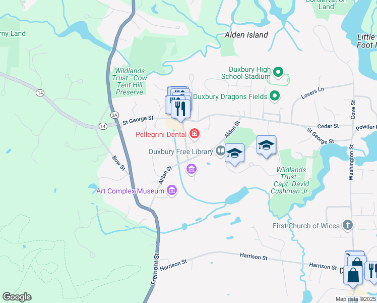 map of restaurants, bars, coffee shops, grocery stores, and more near 17c Railroad Avenue in Duxbury