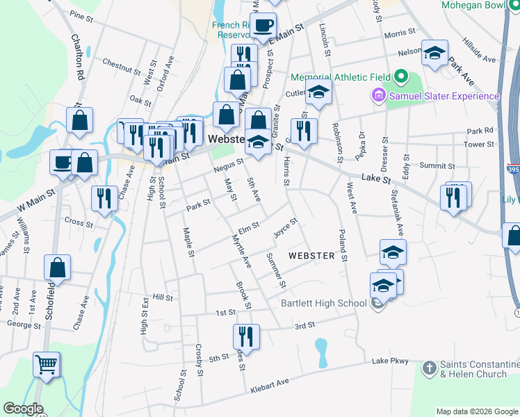 map of restaurants, bars, coffee shops, grocery stores, and more near 40 Elm Street in Webster