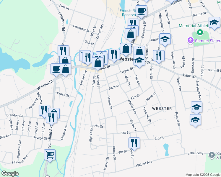 map of restaurants, bars, coffee shops, grocery stores, and more near 6 Maple Street in Webster