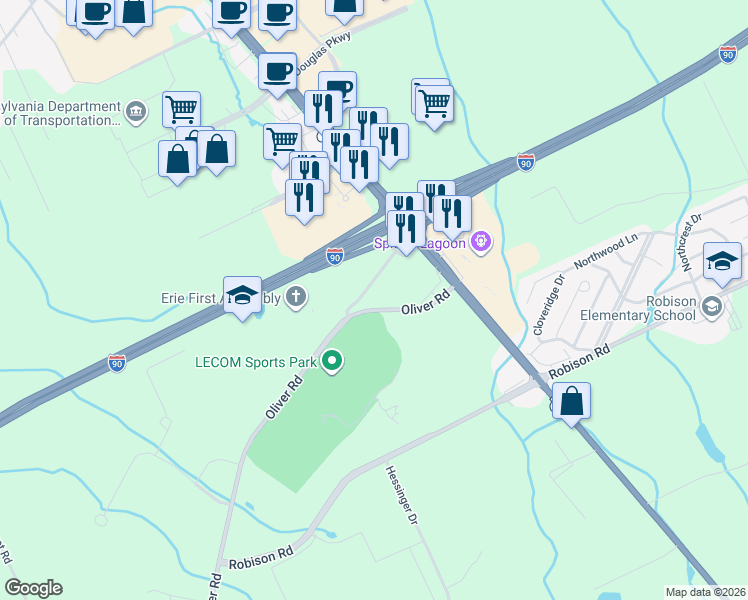 map of restaurants, bars, coffee shops, grocery stores, and more near 8055 Oliver Road in Erie