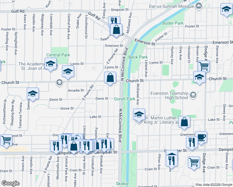 map of restaurants, bars, coffee shops, grocery stores, and more near 3300 Davis Street in Evanston