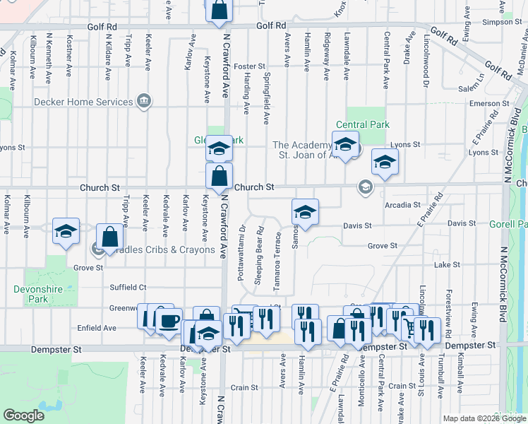 map of restaurants, bars, coffee shops, grocery stores, and more near 3913 4 Winds Way in Skokie