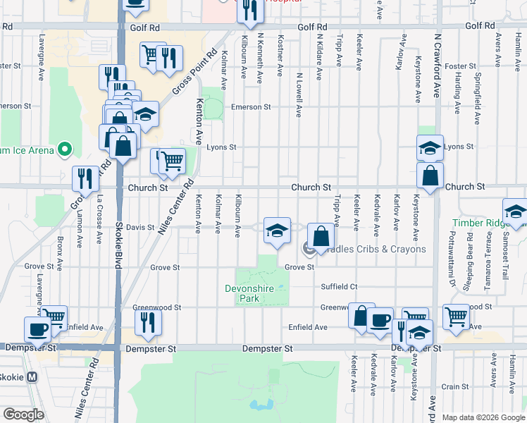 map of restaurants, bars, coffee shops, grocery stores, and more near 4414 Davis Street in Skokie