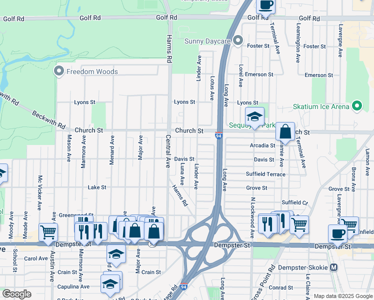 map of restaurants, bars, coffee shops, grocery stores, and more near 9101 Luna Avenue in Morton Grove