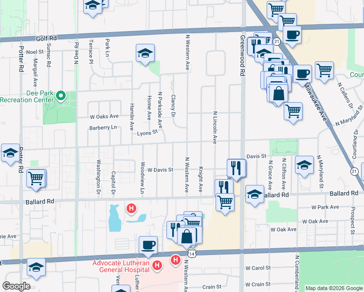 map of restaurants, bars, coffee shops, grocery stores, and more near 2240 North Western Avenue in Park Ridge