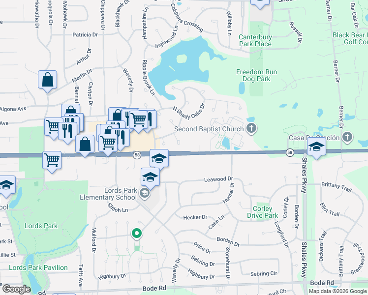 map of restaurants, bars, coffee shops, grocery stores, and more near 1105 Huntwyck Court in Elgin
