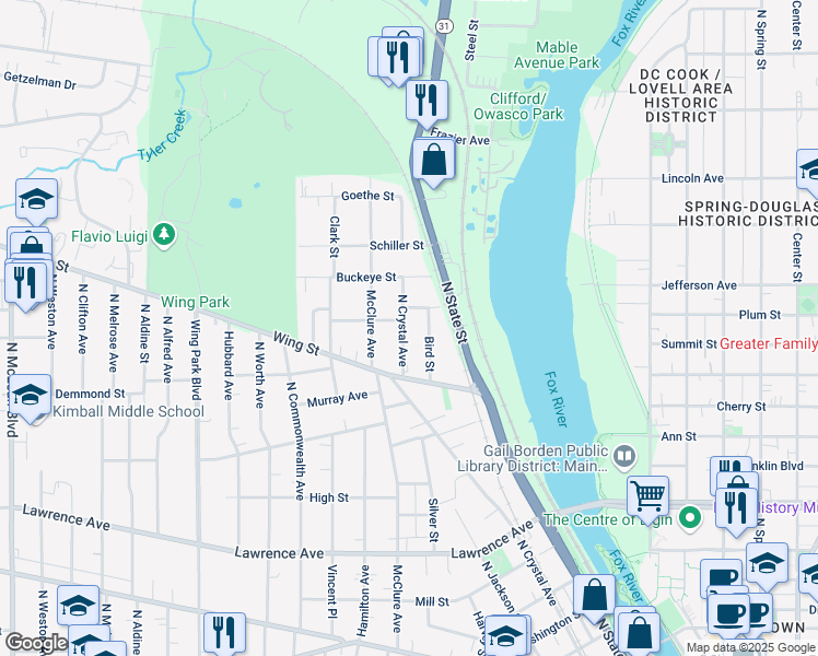 map of restaurants, bars, coffee shops, grocery stores, and more near 538 Bird Street in Elgin