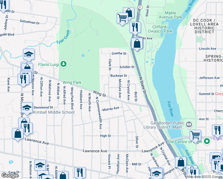 map of restaurants, bars, coffee shops, grocery stores, and more near 517 Clark Street in Elgin