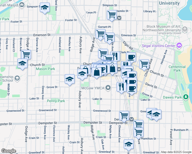 map of restaurants, bars, coffee shops, grocery stores, and more near 1114 Davis Street in Evanston