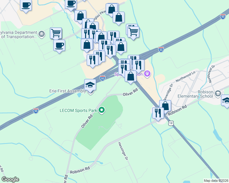 map of restaurants, bars, coffee shops, grocery stores, and more near 8055 Oliver Road in Erie