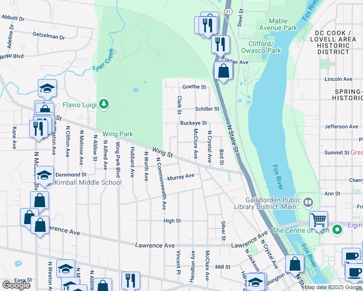 map of restaurants, bars, coffee shops, grocery stores, and more near 517 Clark Street in Elgin