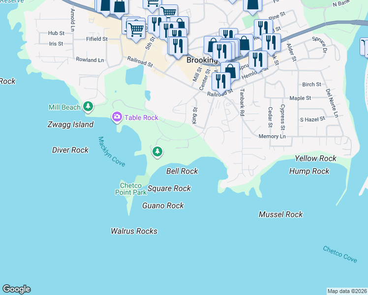 map of restaurants, bars, coffee shops, grocery stores, and more near Chetco Point Terrace in Brookings