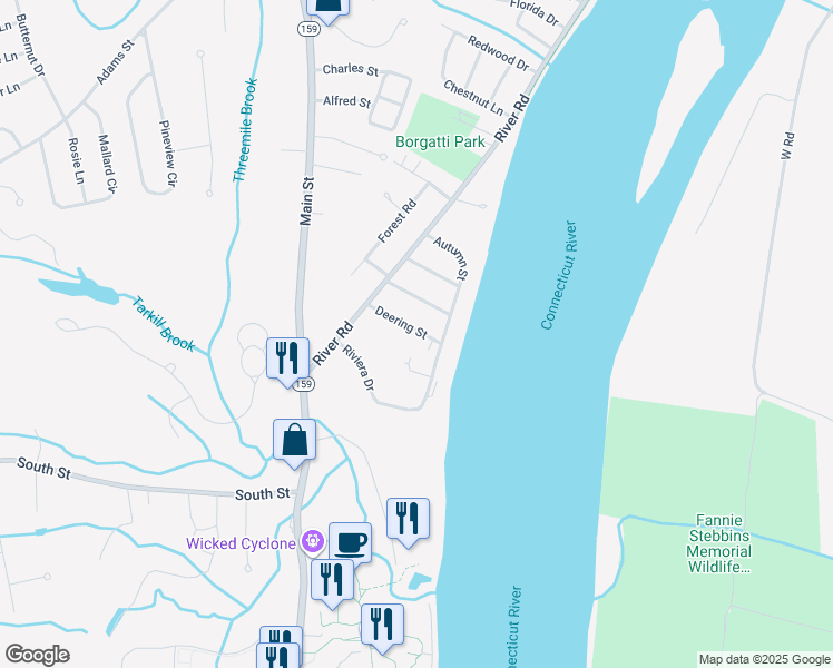 map of restaurants, bars, coffee shops, grocery stores, and more near 52 Deering Street in Agawam