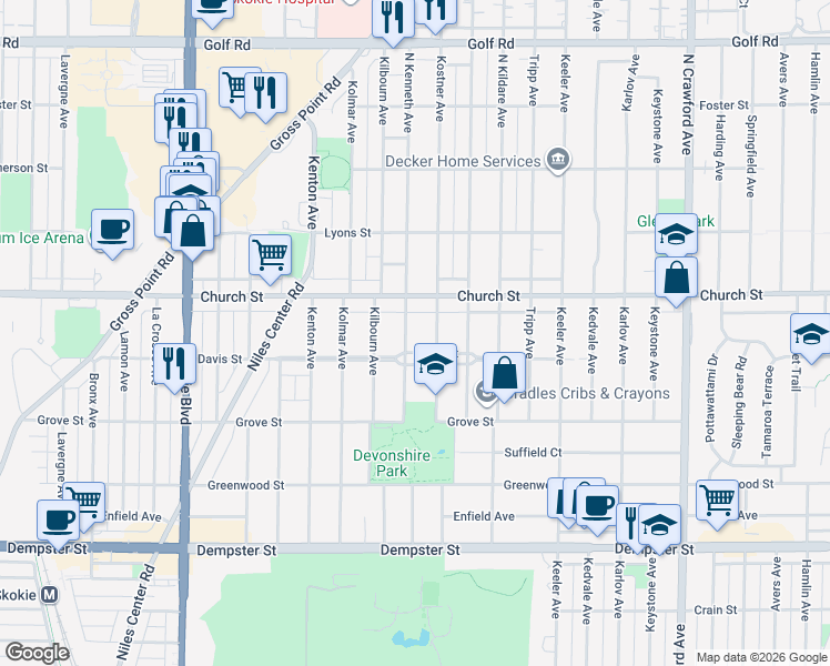 map of restaurants, bars, coffee shops, grocery stores, and more near 4414 Davis Street in Skokie