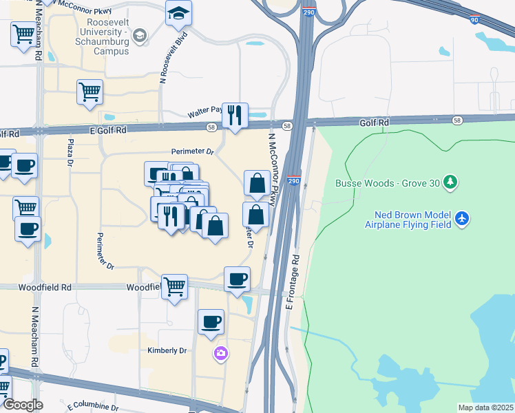map of restaurants, bars, coffee shops, grocery stores, and more near 905 Perimeter Drive in Schaumburg