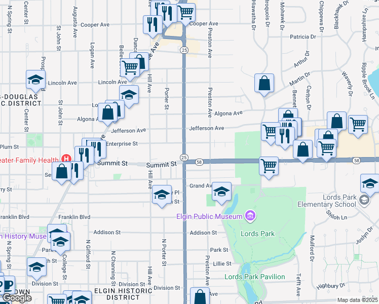 map of restaurants, bars, coffee shops, grocery stores, and more near 501 North Liberty Street in Elgin
