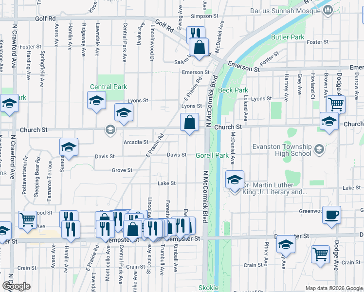 map of restaurants, bars, coffee shops, grocery stores, and more near 9100 Ewing Avenue in Evanston