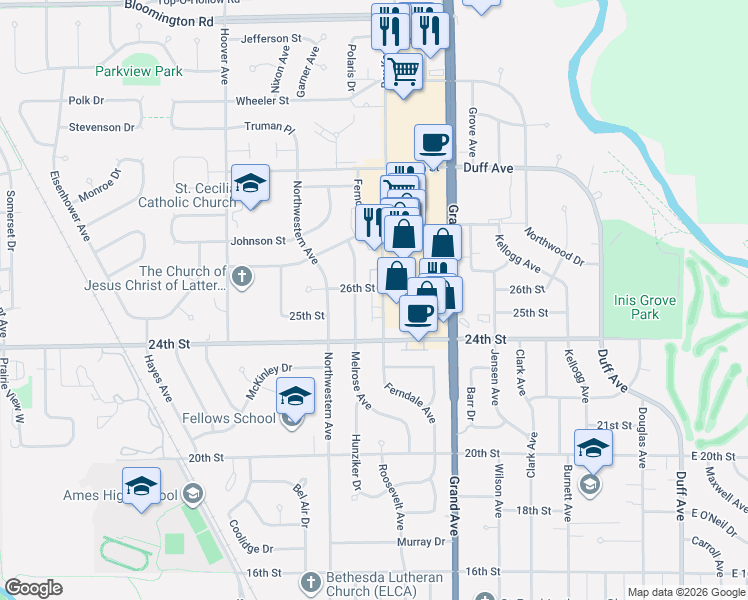 map of restaurants, bars, coffee shops, grocery stores, and more near 2511 Ferndale Avenue in Ames