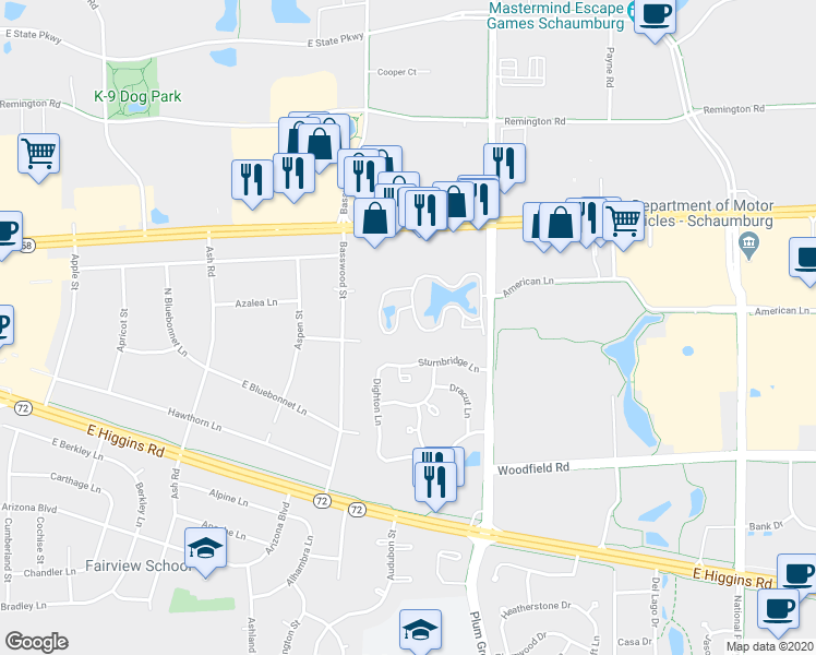 map of restaurants, bars, coffee shops, grocery stores, and more near 1010 North Plum Grove Road in Schaumburg