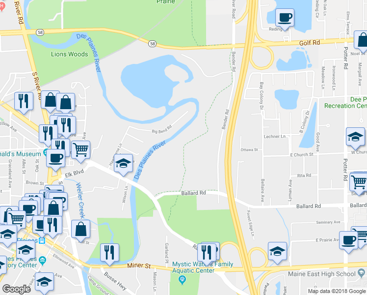 map of restaurants, bars, coffee shops, grocery stores, and more near Des Plaines River Trail in Des Plaines