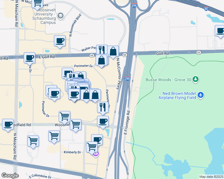 map of restaurants, bars, coffee shops, grocery stores, and more near 905 Perimeter Drive in Schaumburg