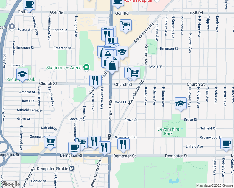 map of restaurants, bars, coffee shops, grocery stores, and more near 9126 Keating Avenue in Skokie
