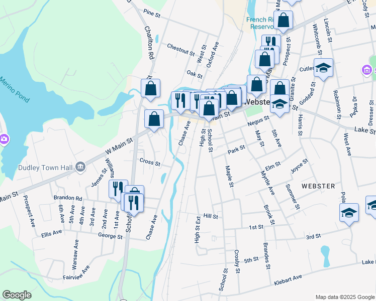 map of restaurants, bars, coffee shops, grocery stores, and more near 155 Chase Avenue in Webster