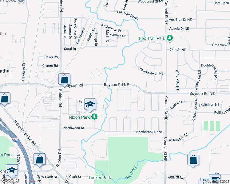 map of restaurants, bars, coffee shops, grocery stores, and more near 6821 Stonybrook Lane Northeast in Cedar Rapids