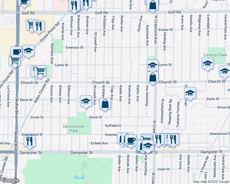 map of restaurants, bars, coffee shops, grocery stores, and more near 9107 Tripp Avenue in Skokie