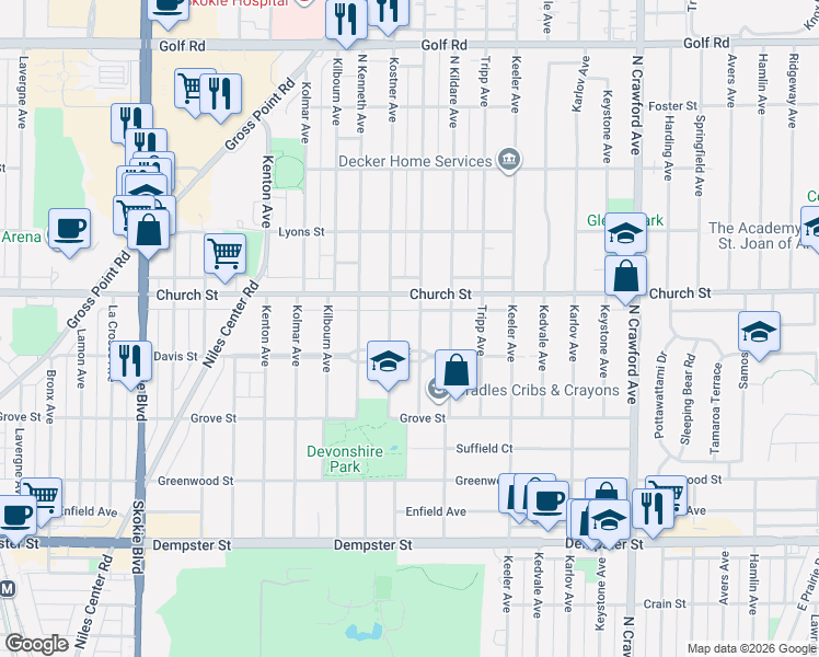 map of restaurants, bars, coffee shops, grocery stores, and more near 4340 Davis Street in Skokie