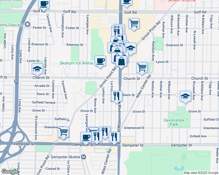 map of restaurants, bars, coffee shops, grocery stores, and more near 9106 La Crosse Avenue in Skokie