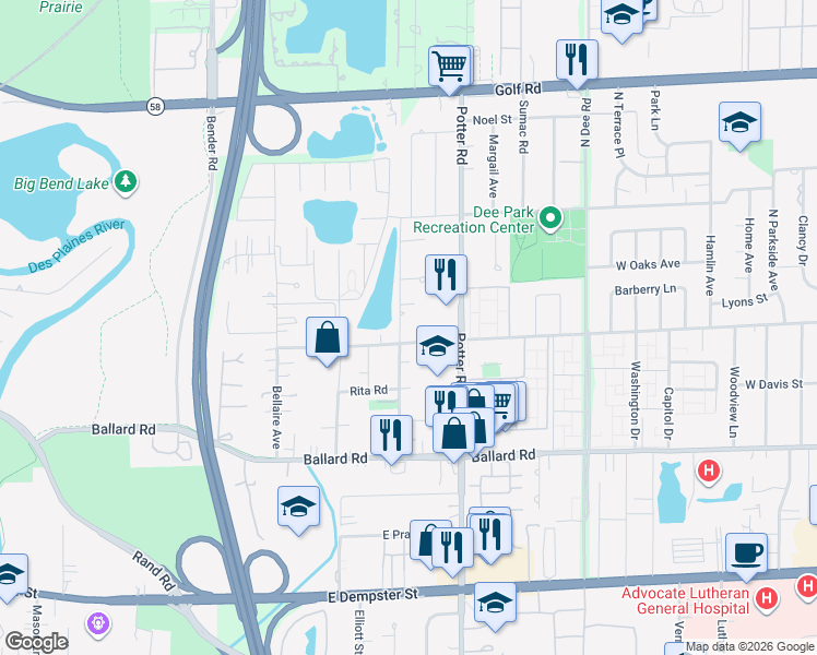 map of restaurants, bars, coffee shops, grocery stores, and more near 2498 East Church Street in Des Plaines