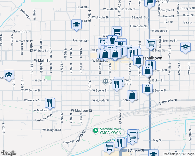 map of restaurants, bars, coffee shops, grocery stores, and more near 200-274 South 2nd Street in Marshalltown