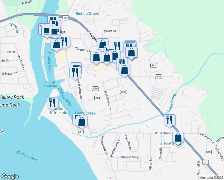 map of restaurants, bars, coffee shops, grocery stores, and more near 97922 Lively Lane in Brookings