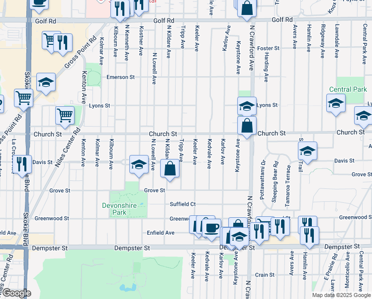 map of restaurants, bars, coffee shops, grocery stores, and more near 9107 Tripp Avenue in Skokie