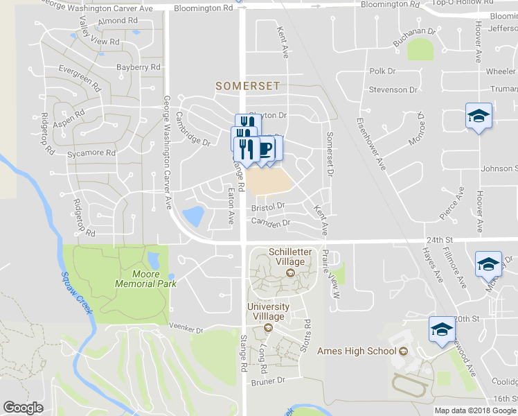 map of restaurants, bars, coffee shops, grocery stores, and more near 2720 Bristol Drive in Ames