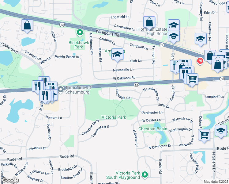 map of restaurants, bars, coffee shops, grocery stores, and more near 1155 Woodcreek Lane in Hoffman Estates