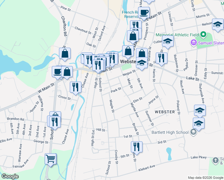 map of restaurants, bars, coffee shops, grocery stores, and more near 13 Park Street in Webster