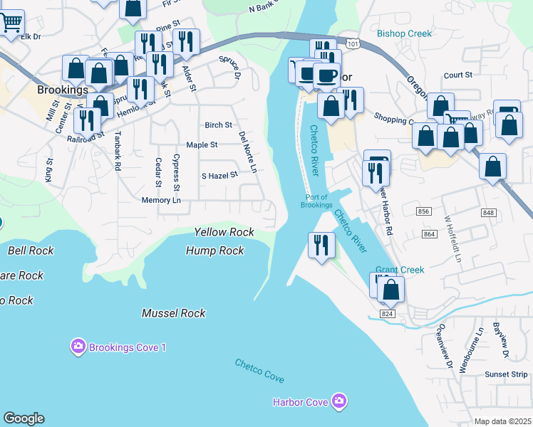 map of restaurants, bars, coffee shops, grocery stores, and more near 113 Sea Cliff Terrace in Brookings