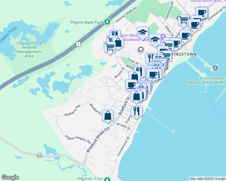 map of restaurants, bars, coffee shops, grocery stores, and more near 39 West Franklin Street in Provincetown