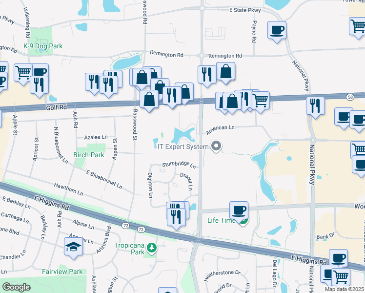 map of restaurants, bars, coffee shops, grocery stores, and more near 1004 North Plum Grove Road in Schaumburg