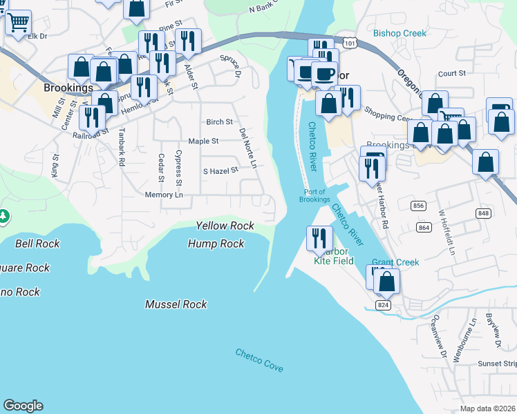 map of restaurants, bars, coffee shops, grocery stores, and more near 109 Sea Cliff Terrace in Brookings
