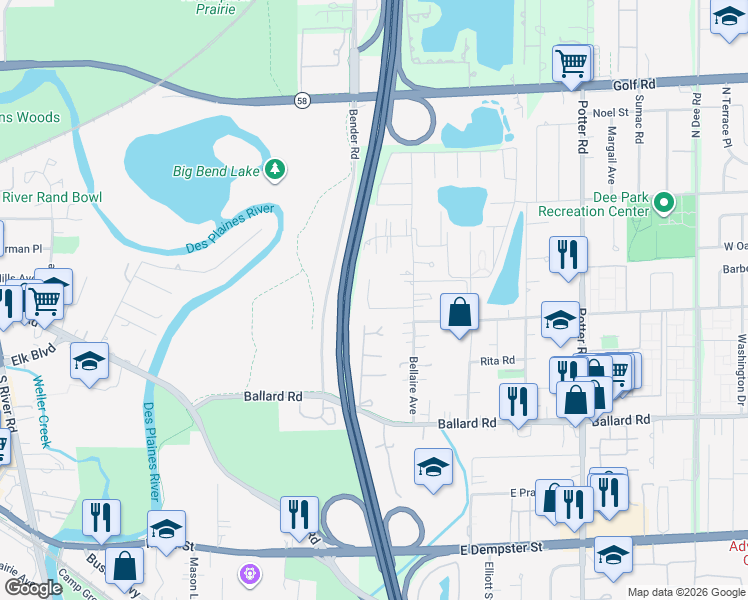 map of restaurants, bars, coffee shops, grocery stores, and more near 2231 Ottawa Street in Des Plaines