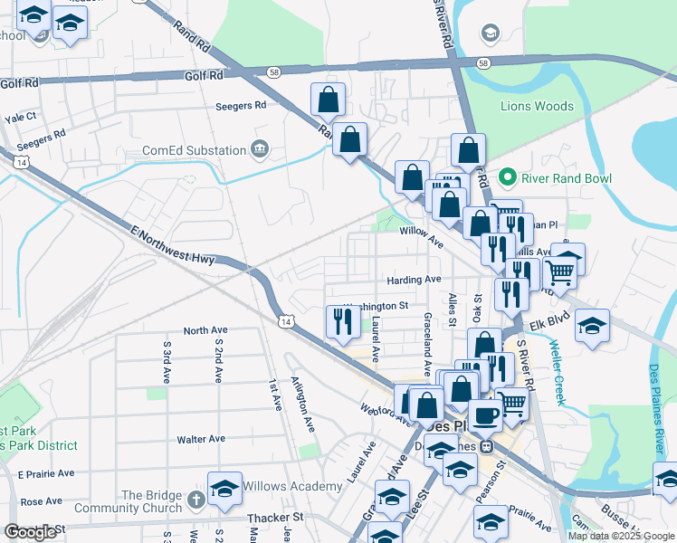 map of restaurants, bars, coffee shops, grocery stores, and more near 361 Western Avenue in Des Plaines