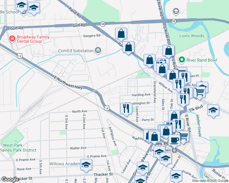 map of restaurants, bars, coffee shops, grocery stores, and more near 1169 Colfax Avenue in Des Plaines
