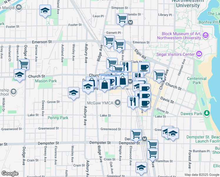 map of restaurants, bars, coffee shops, grocery stores, and more near in Evanston