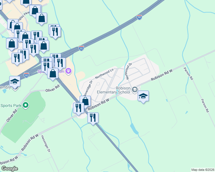 map of restaurants, bars, coffee shops, grocery stores, and more near Edgewood Drive in Erie